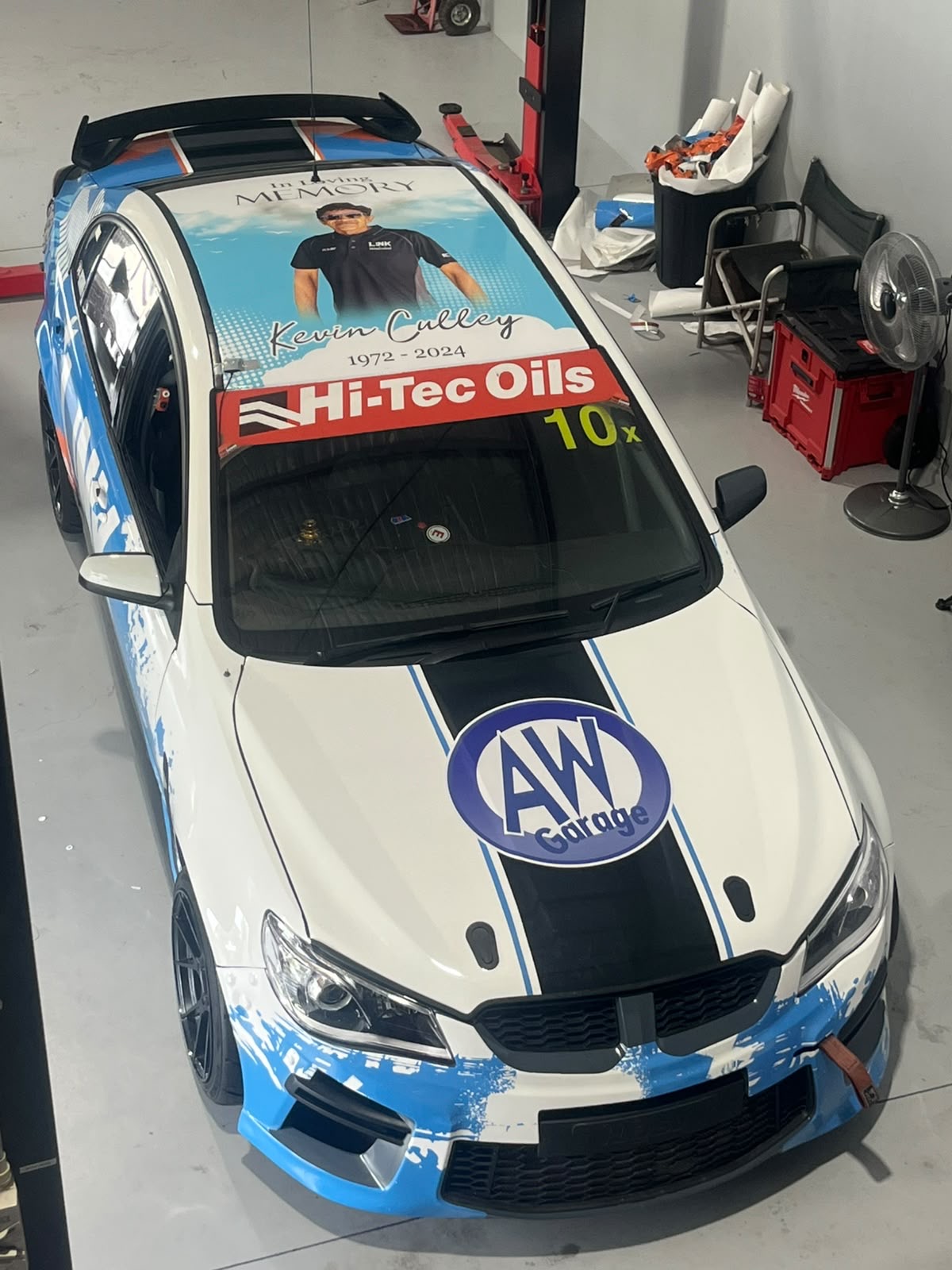 White HSV race car with AW Garage livery, Kevin Culley tribute